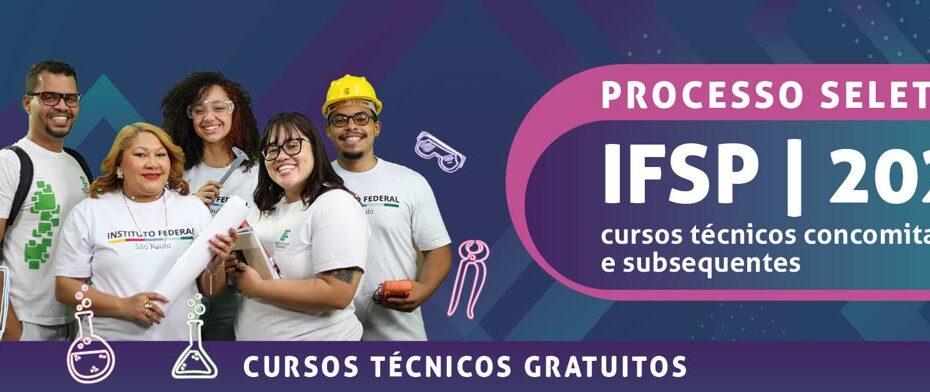 Estudantes do IFSP com uniforme e equipamentos na arte do Processo Seletivo 2027 para cursos técnicos concomitantes e subsequentes