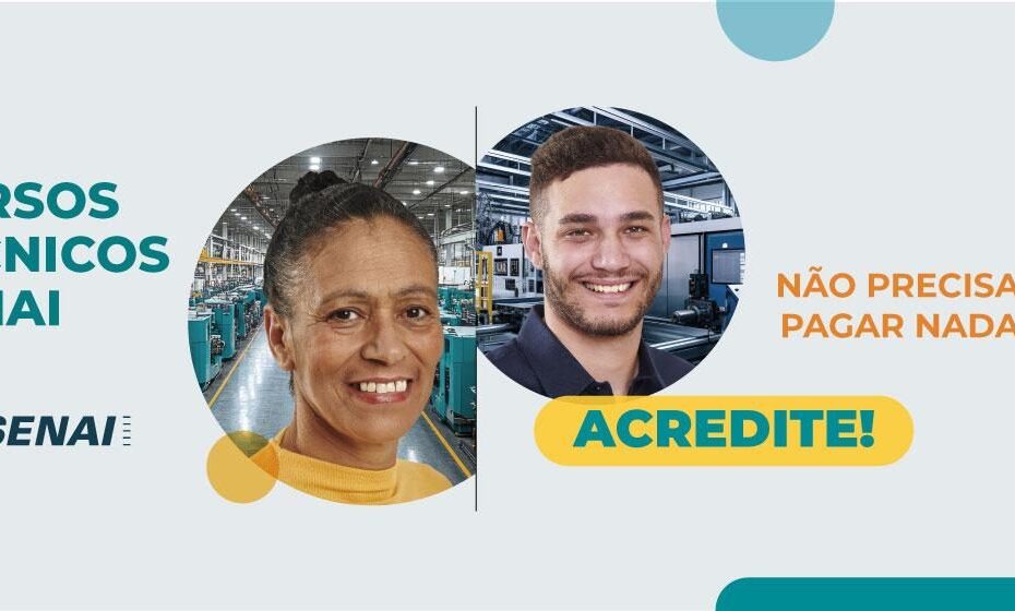 Peça oficial do Programa de Gratuidade do Senai Paraná para cursos técnicos, com dois estudantes sorrindo